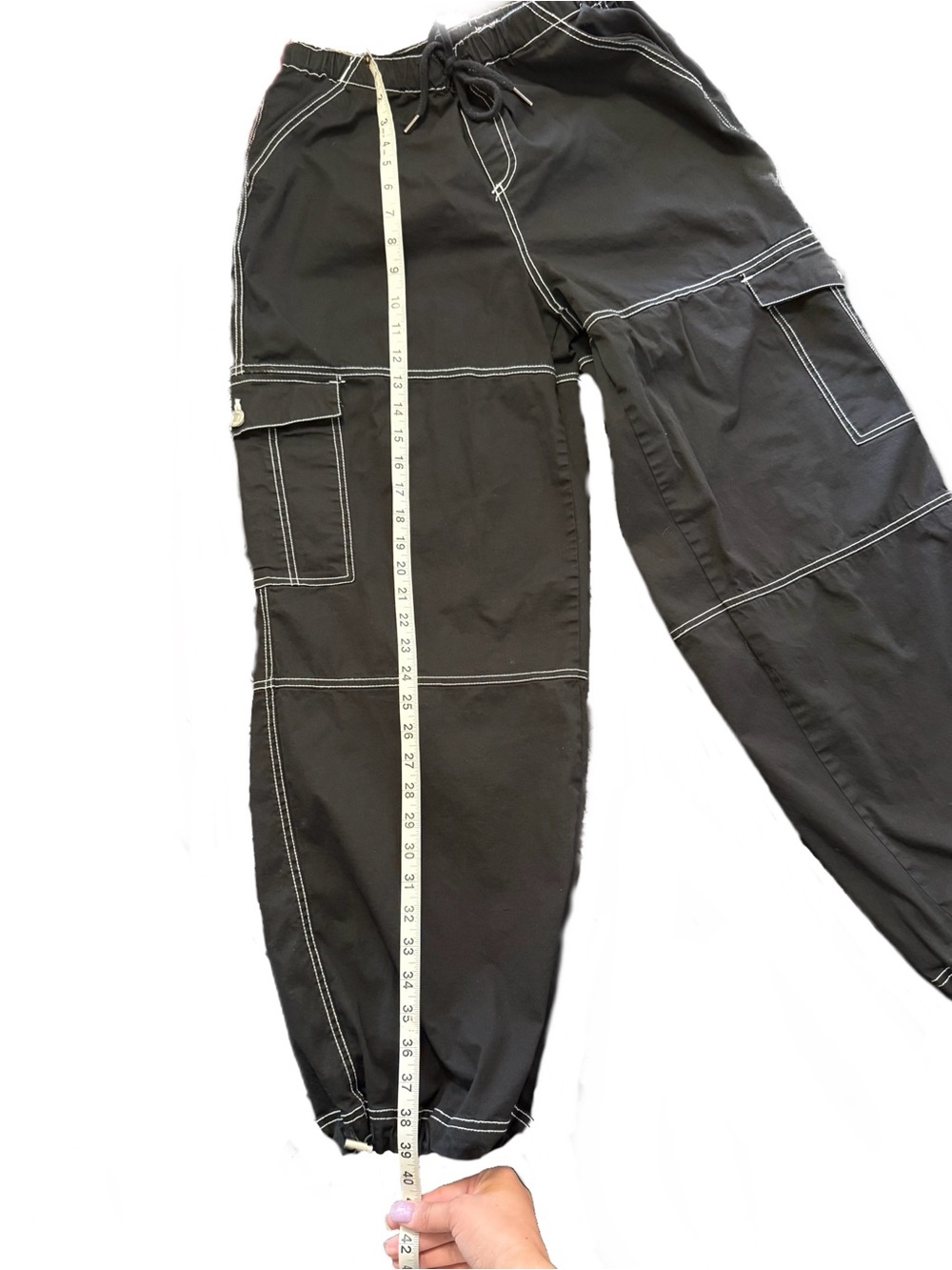 Almost Famous Black Cargo Jogger Pants with White Contrast Stitching Size M - Picture 6 of 10